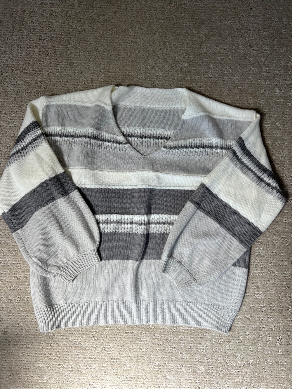 Striped V-Neck Knit Sweater in Neutral Gray Tones